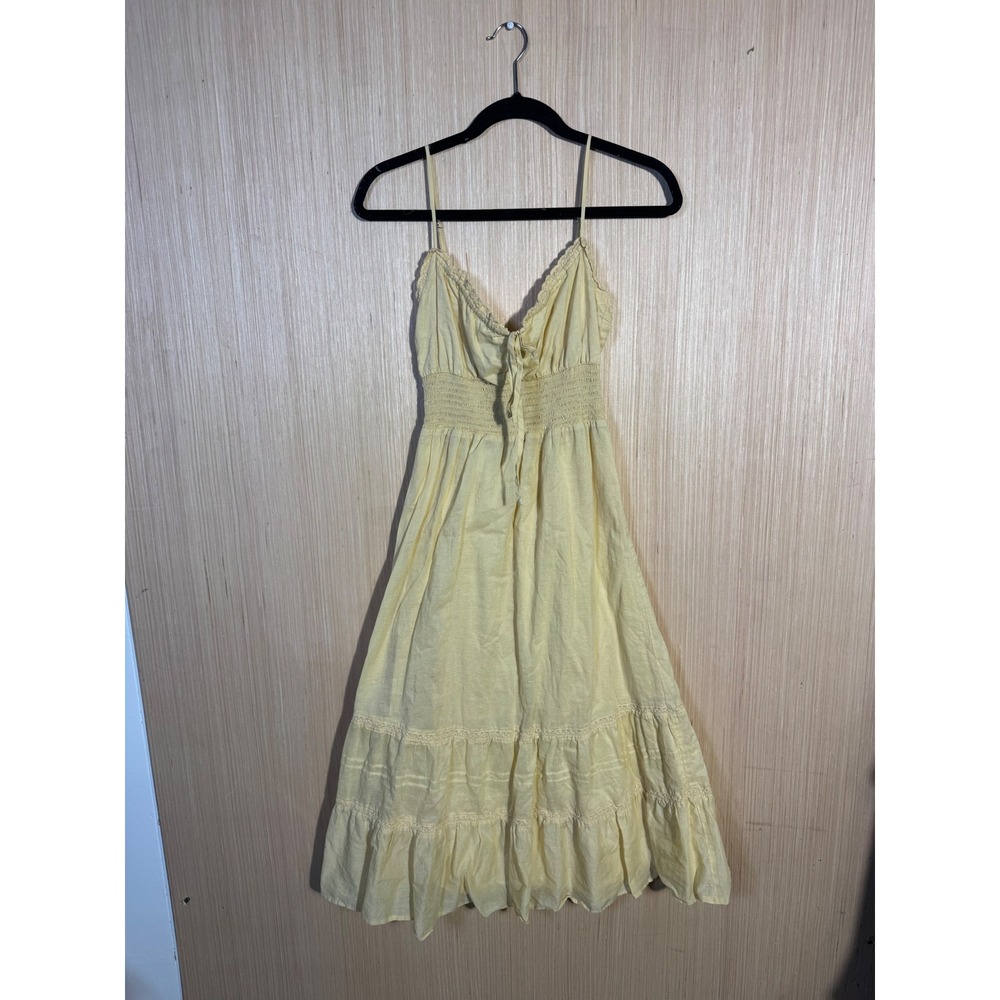 Reformation Landon Yellow Organic Cotton Smocked Tiered Midi Lace Trim Boho